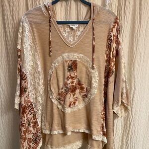 POL Beige Floral Lace Peace Sign Boho Top